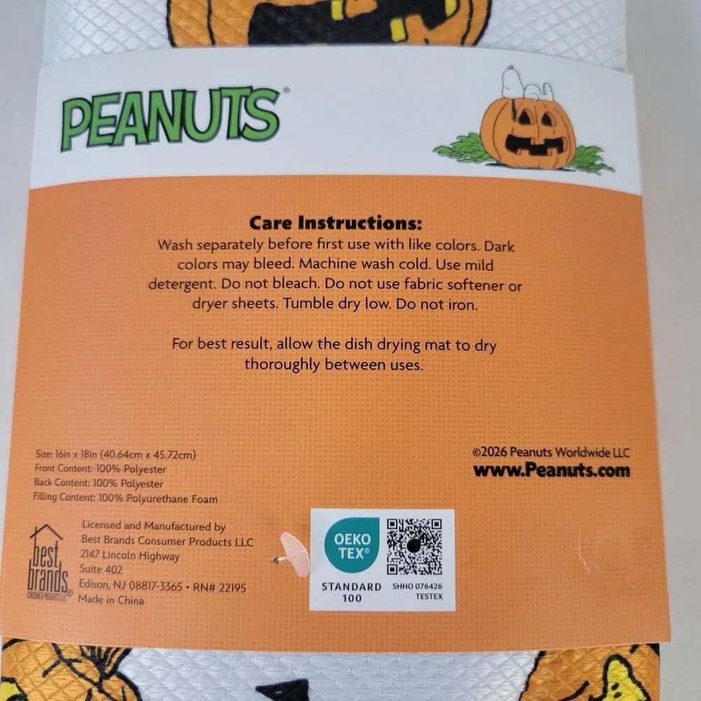 2pk Peanuts Snoopy Dish Drying Mats 16”x18” Halloween Jack-O-Lanterns Bats White